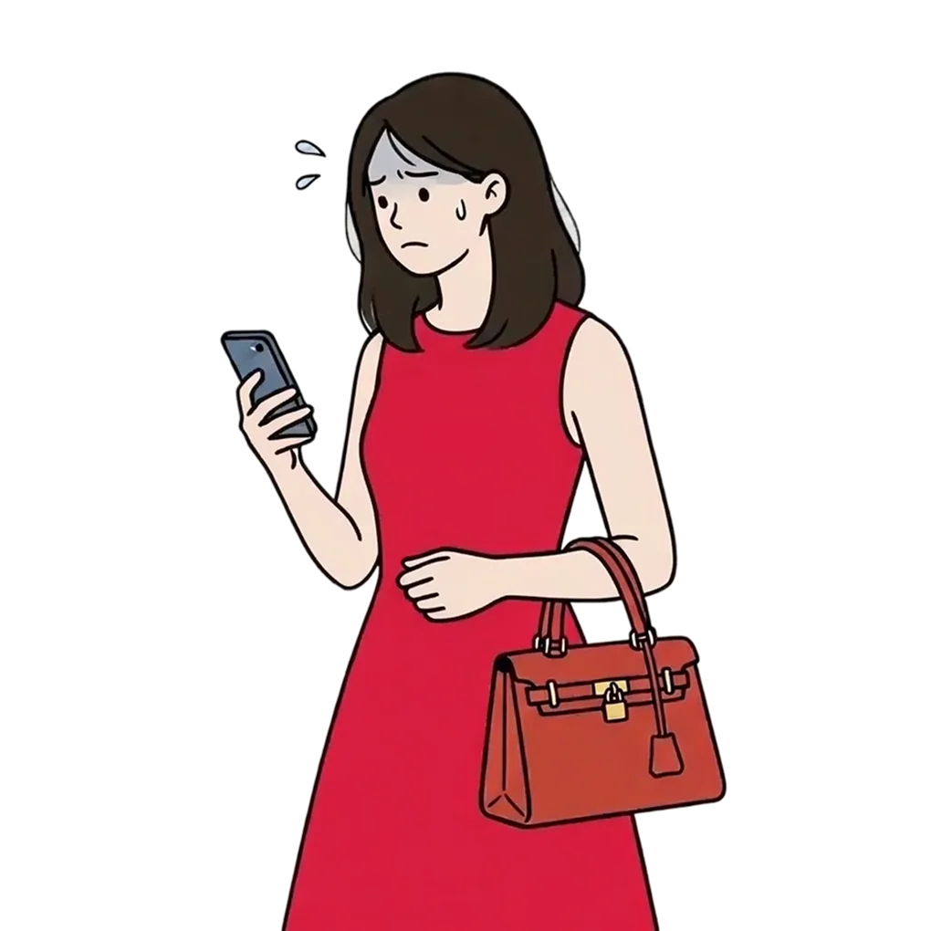 困った表情でスマホを見つめる女性のイラスト