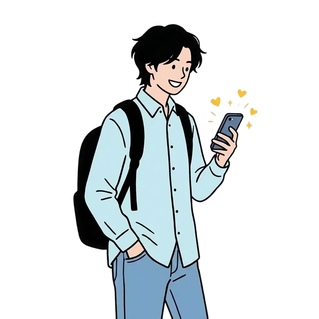 嬉しそうな表情でスマホを見つめる男性のイラスト